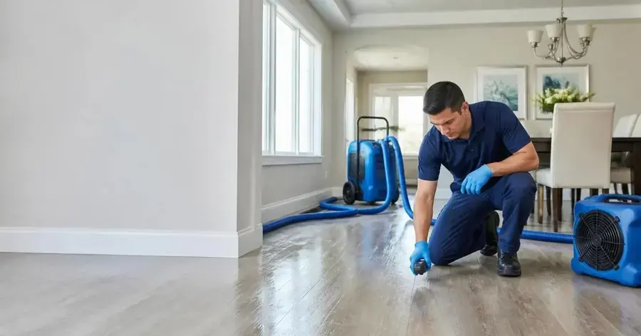 Technician checking a wet floor in a Framingham home with an air mover and dehumidifier running