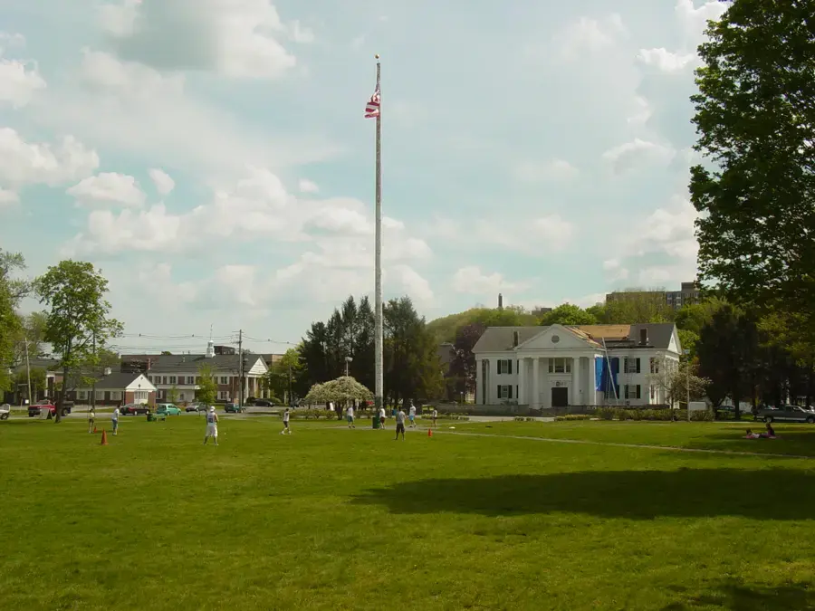 Framingham Centre Common with the flagpole and colonial buildings