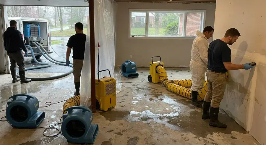 Crew drying a flooded ground floor in Framingham with air movers and a dehumidifier