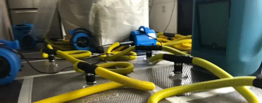 Yellow ducts feeding blue air movers above drying mats on the floor