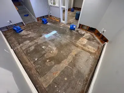 Flooring torn out to bare subfloor, air movers lined along the walls