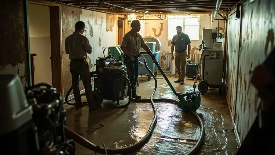 Crew extracting standing water from a flooded Framingham basement