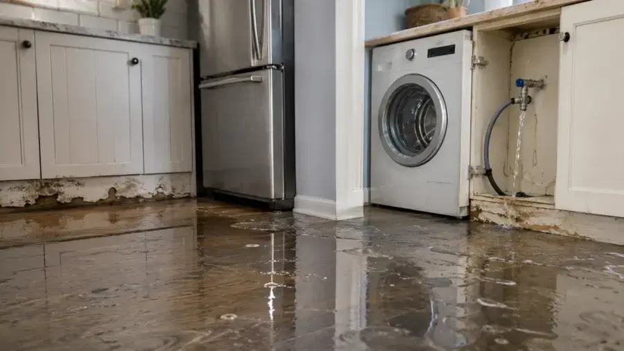 Kitchen floor flooded by a leaking washing machine supply valve