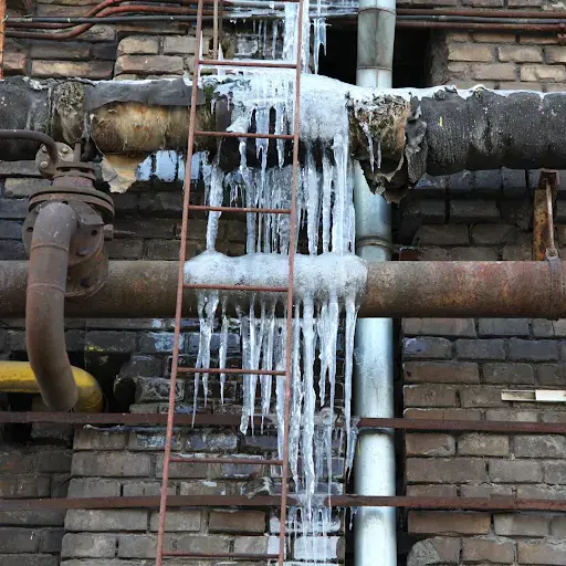 Ice built up on frozen pipes along an old brick foundation wall