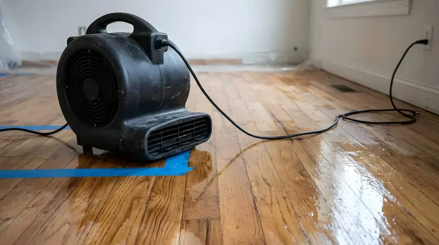 Air mover drying a wet hardwood floor in a Framingham home