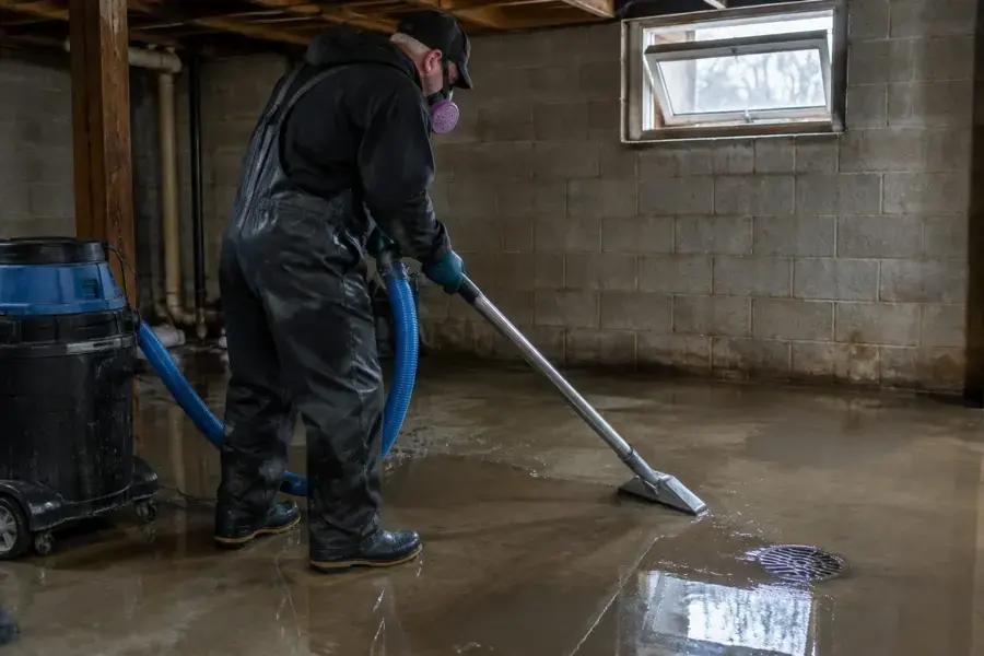 Technician in protective gear extracting a contaminated basement floor