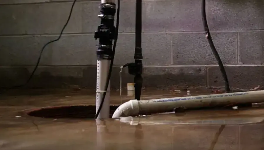 Water spreading across a Framingham basement floor around the sump pit