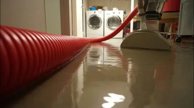 Extraction hose pulling standing water off a flooded laundry room floor in Framingham